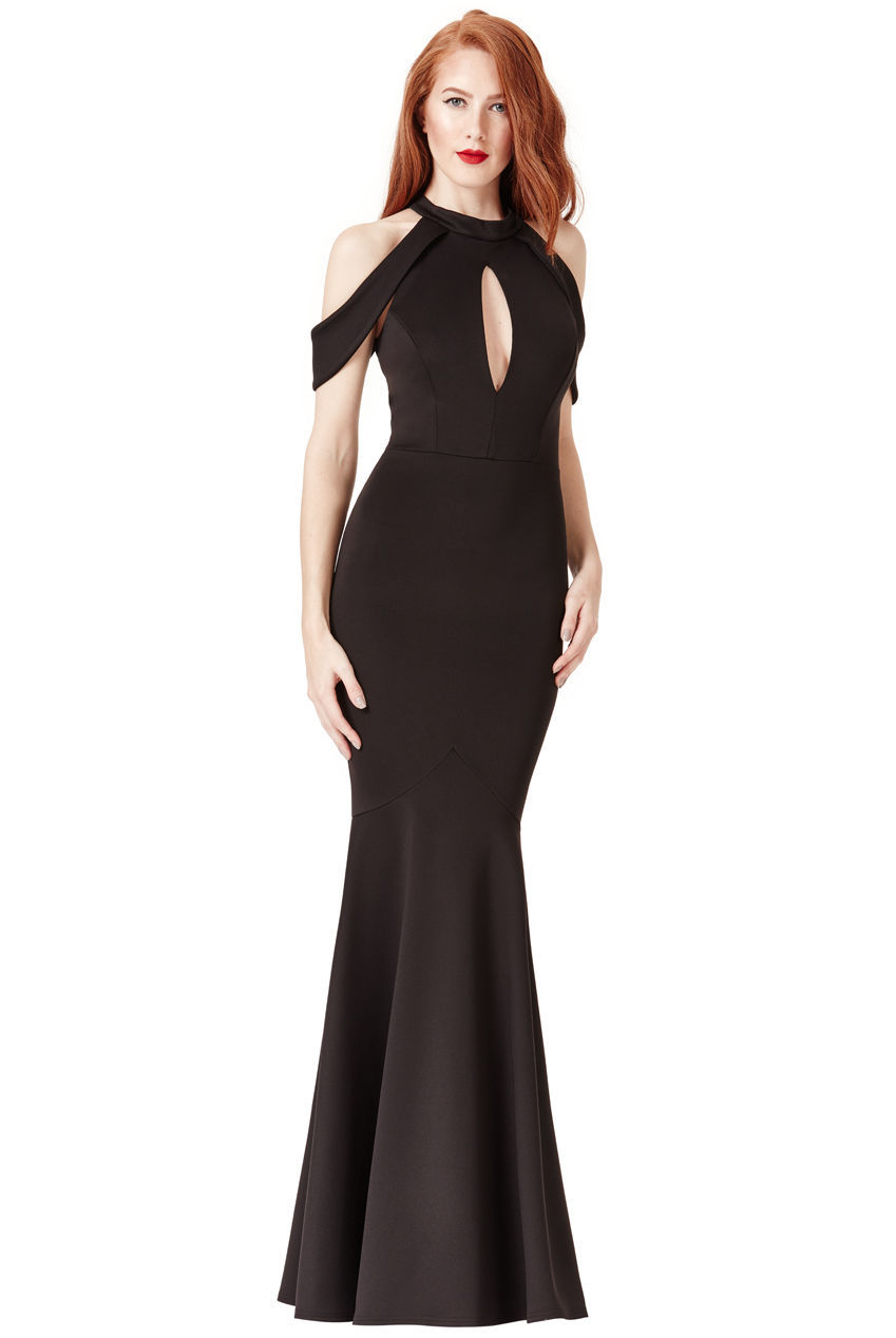 fitted lace wedding dress Nadia Ruched Fishtail Maxi Dress Black main image 0
