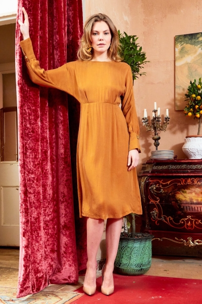 Sarvin Shay Gold Long Sleeved Midi Dress